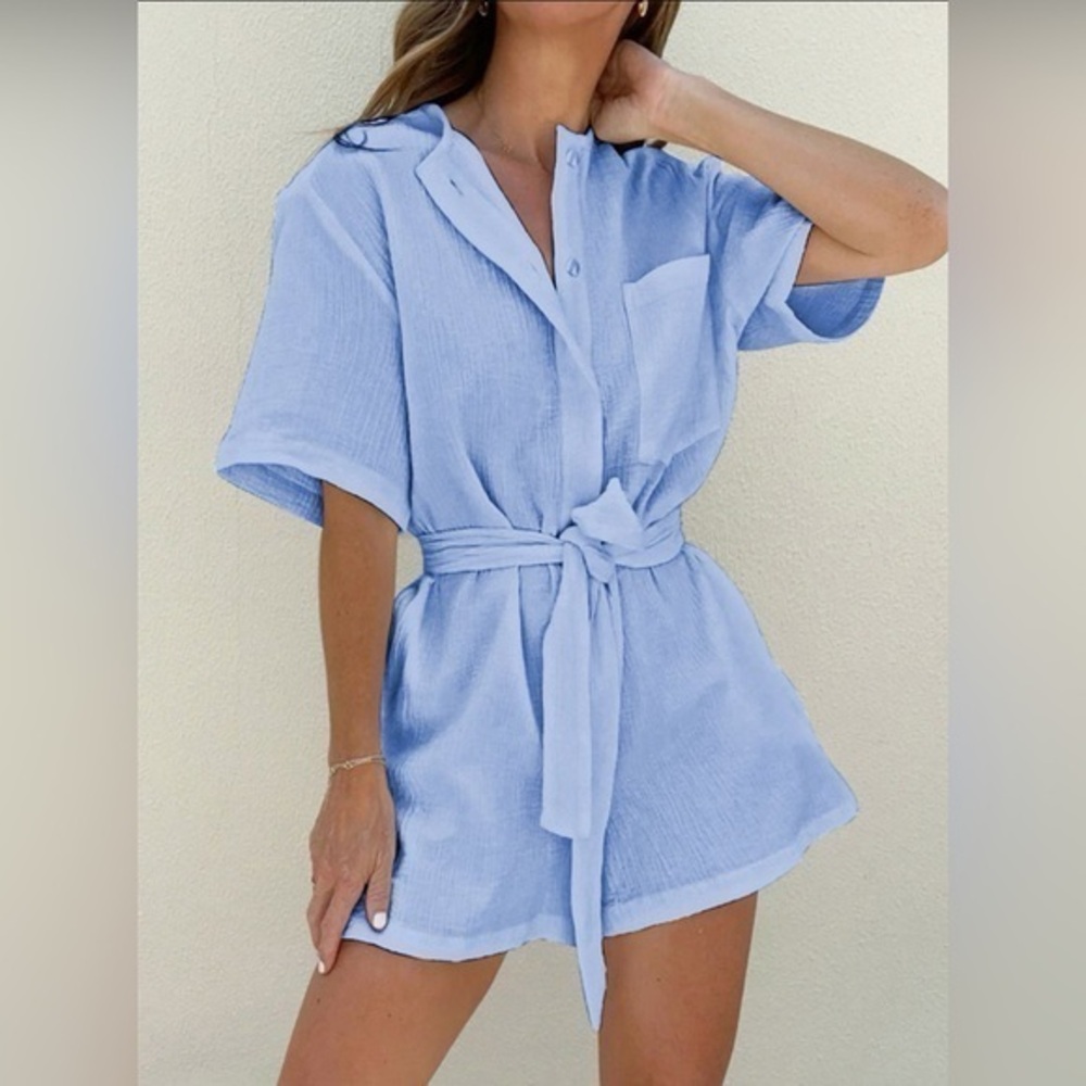 Commense Light Blue Button Down Tied‎ Cotton Jumpsuit Size XS